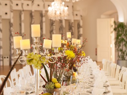 Hochzeit - Hochzeitsessen: Catering - Saal Maria Theresia mit einer Hochzeitstafel  - Schloss Schönbrunn Orangerie und Apothekertrakt 