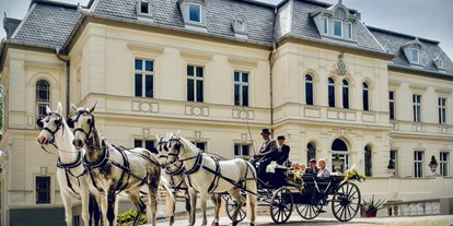 Hochzeit - Umgebung: mit Seeblick - Kutsche mit Brautpaar vor dem Schloss - Eventschloss Schönfeld