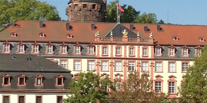 Hochzeit - Parkplatz: kostenlos - Waldbrunn (Neckar-Odenwald-Kreis) - Vorderansicht Schloss Erbach mit Lustgarten - Schloss Erbach
